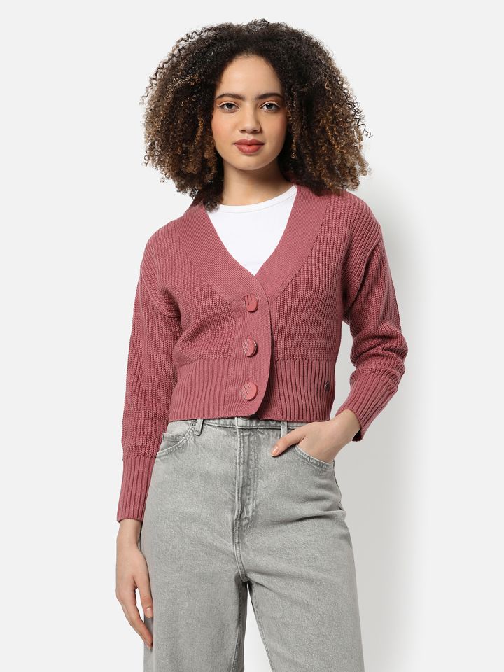 Buy Campus Sutra Women Pink Crop Cardigan Sweaters for Women