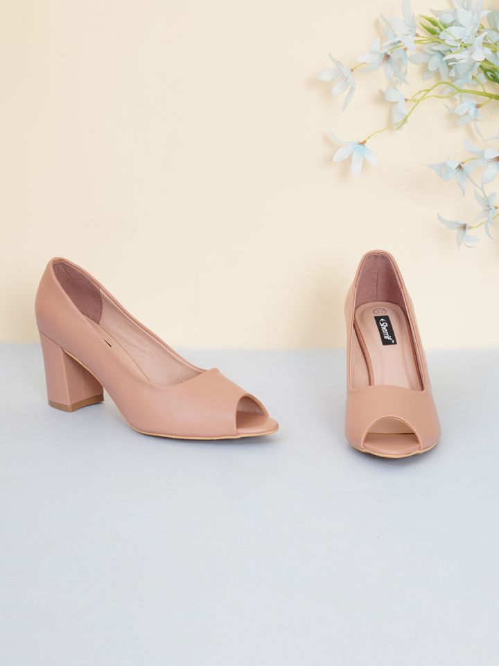 Sherrif Shoes Women Nude Coloured Party Block Peep Toes