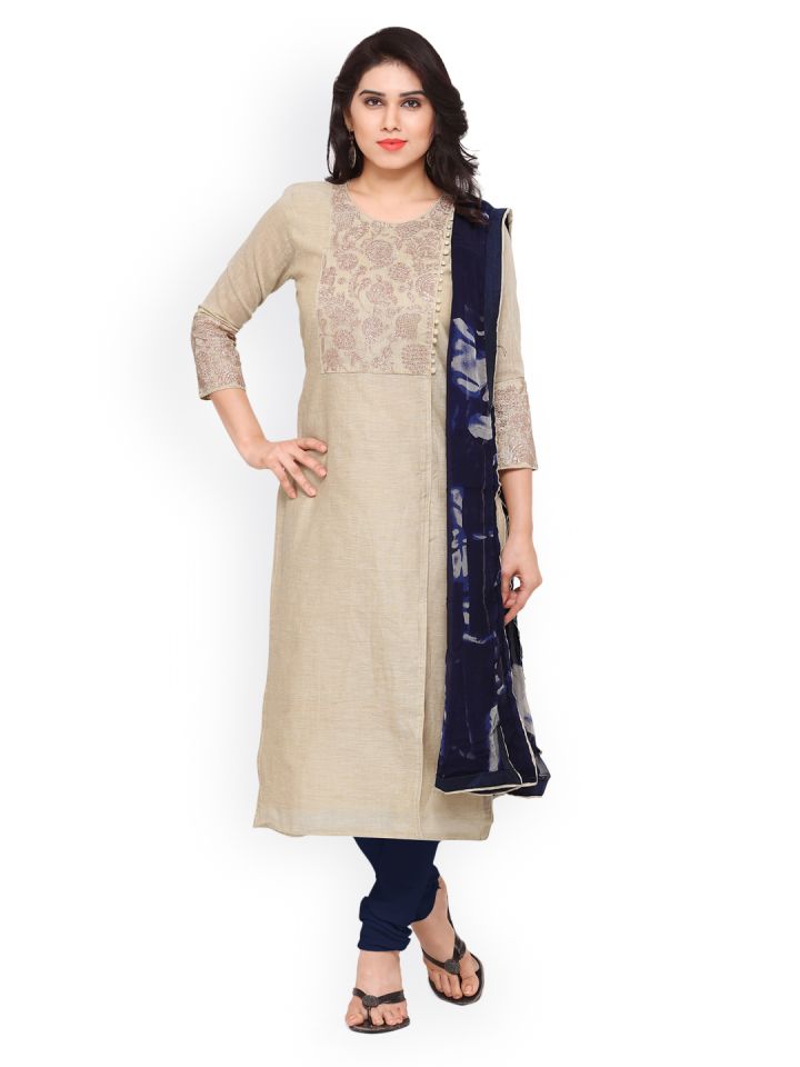 Buy Saree Mall Cream Coloured Navy Semi Stitched Dress Material