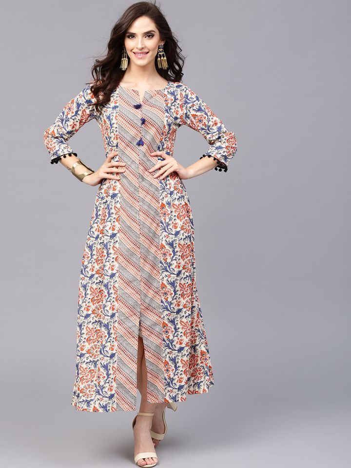 Buy AKS Women Beige Orange Printed Maxi Dress Dresses for