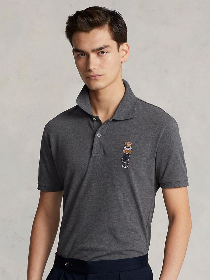 Polo Ralph Lauren Men Grey Brand Logo Polo Collar Pure Cotton T shirt