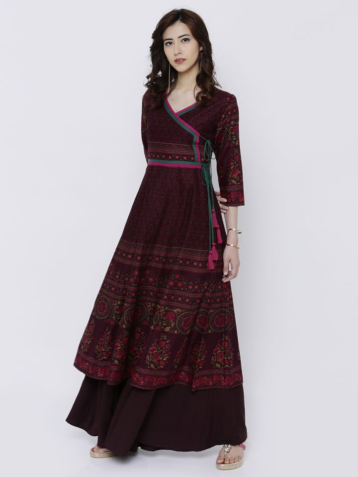 Buy Vishudh Women Burgundy Floral Print Angrakha Anarkali Kurta
