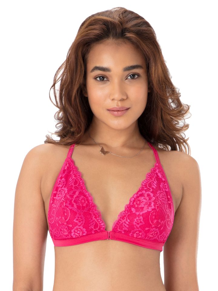Buy PRETTY SECRETS Womens Solid Lace Underwired Padded Front Open Bra