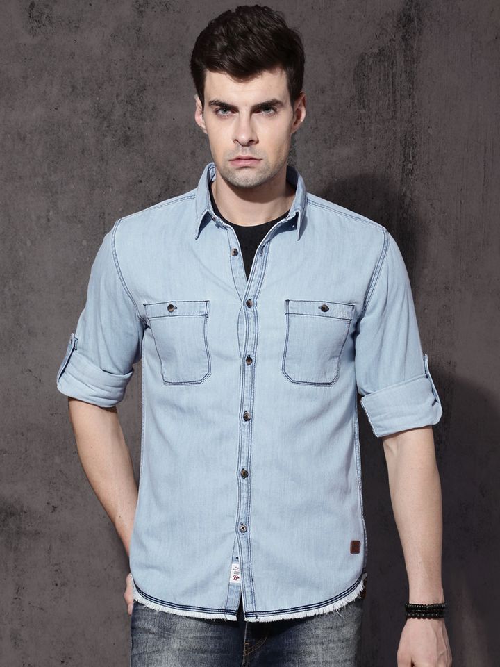 Buy Roadster Men Blue Solid Denim Shirt 