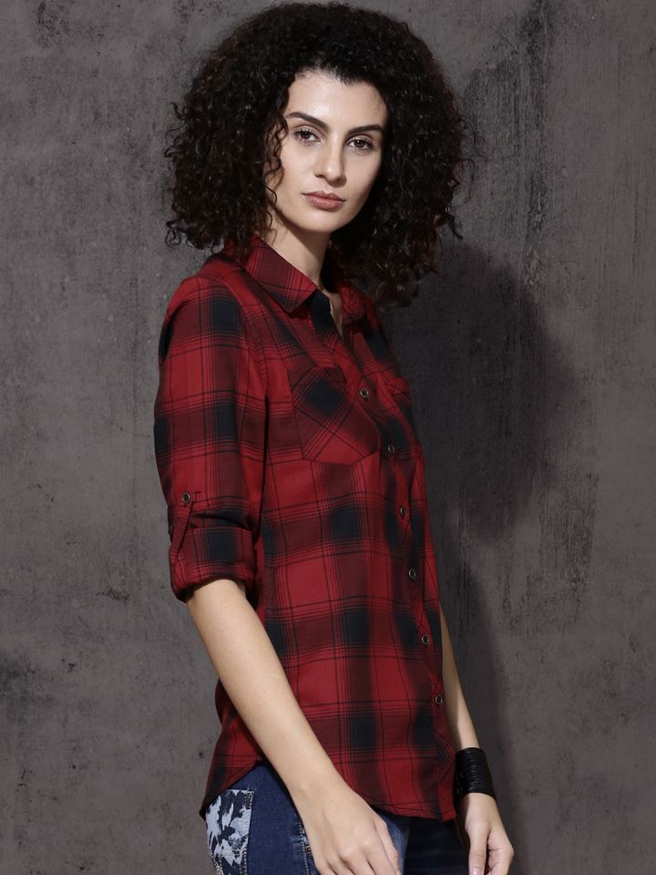 Buy Roadster Women Red Black Slim Fit Checked Casual Shirt