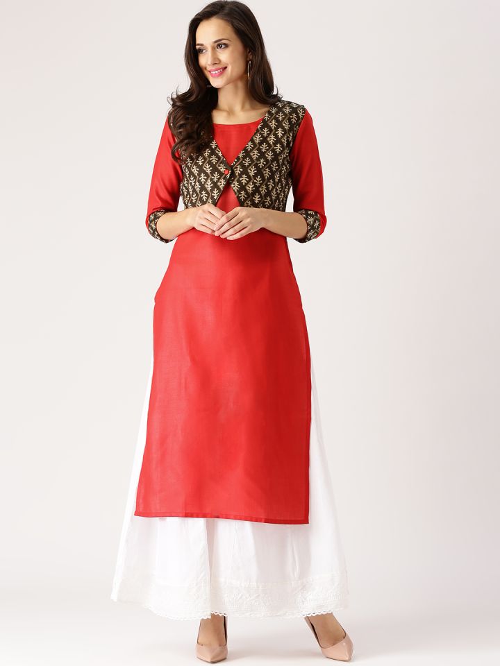 Libas Women Red Solid Straight Kurta with Ethnic Waistcoat