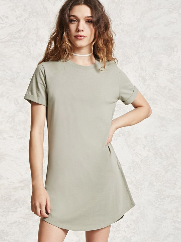 FOREVER 21 Women Olive Green Solid T shirt Dress