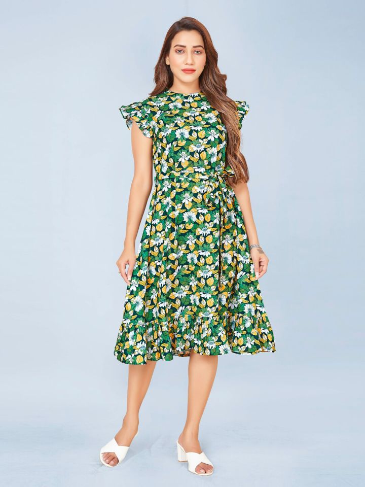Buy FASHION DREAM Women Green Floral Printed Midi Dress Dresses