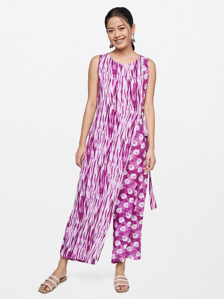 Global Desi Women Purple White Printed Basic Jumpsuit