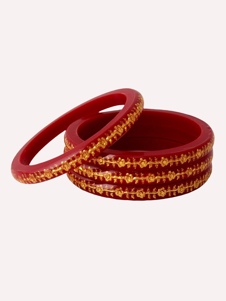 LUCKY JEWELLERY Set Of 4 Red Gold Toned Sankha Bengali Pola Traditional Bangles