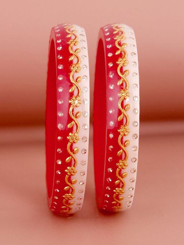 LUCKY JEWELLERY Red Gold Toned Sankha Bengali Pola Traditional Bangles