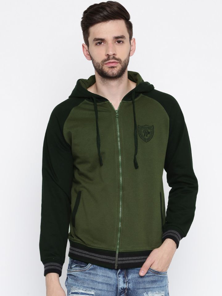 Roadster Men Olive Green Black Hooded Sweatshirt