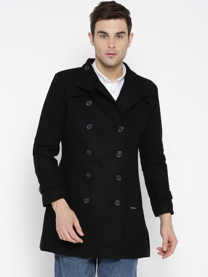 Sun Lorence Mens Stand Collar Wool Blend Single Breasted Pea Coat with Fleece Lined 