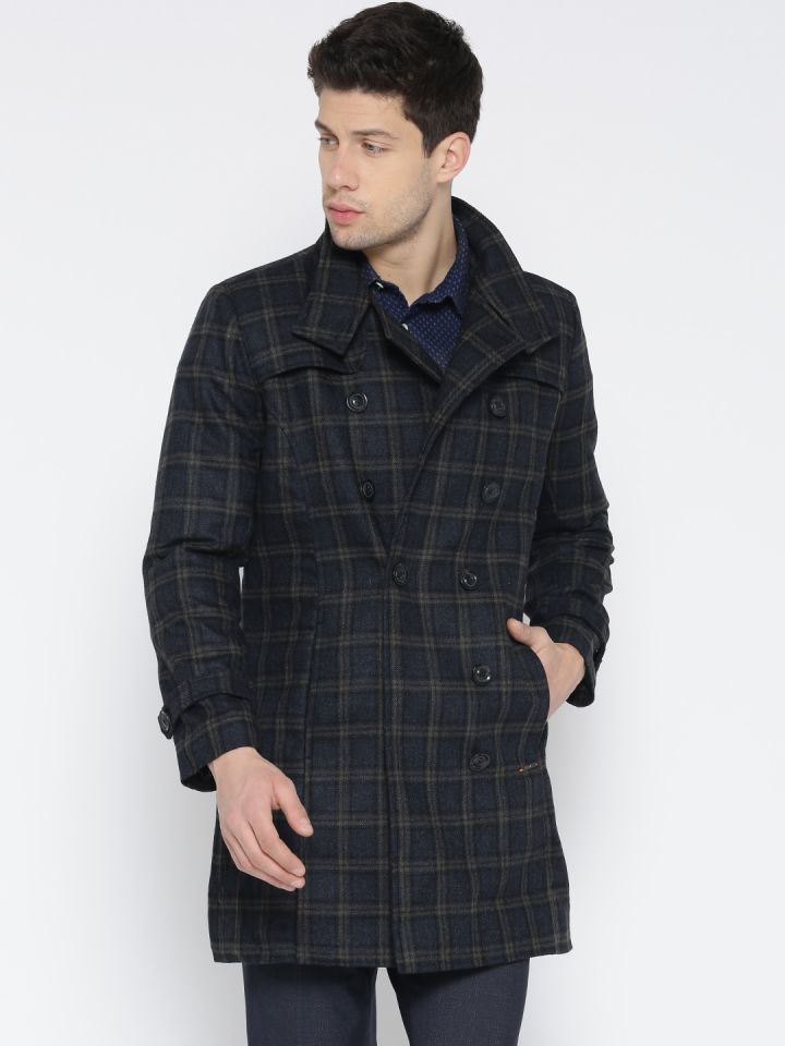 Mast Harbour Navy Blue Checked Longline Pea Coat