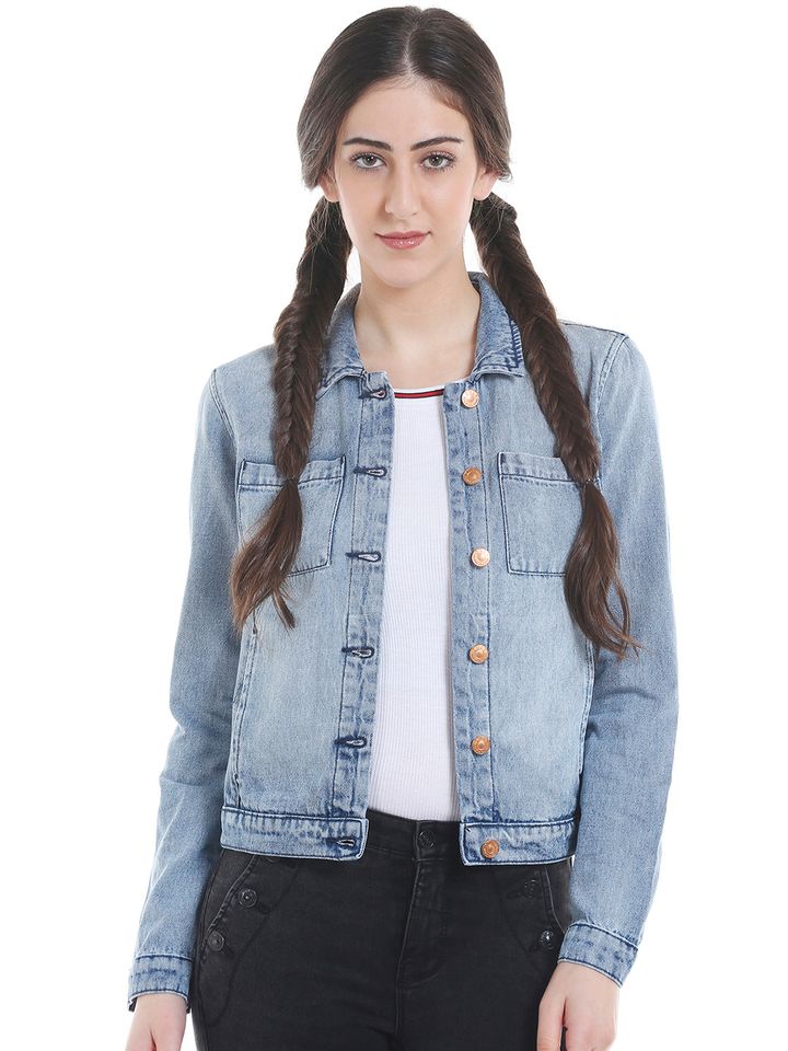 Women Blue Embroidered Denim Jacket 