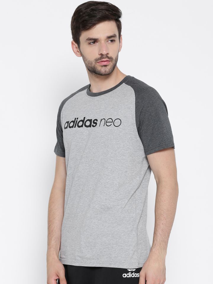 ADIDAS NEO Men Grey Melange CE R Printed Round Neck Pure Cotton T shirt