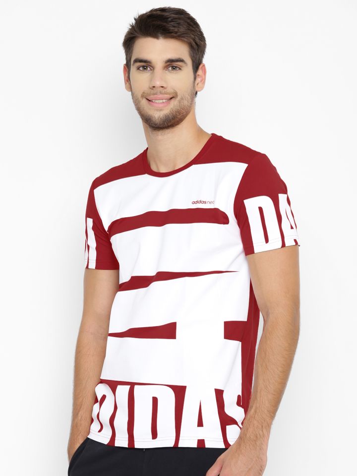 ADIDAS NEO Men Red White AOP Printed Round Neck Pure Cotton T shirt