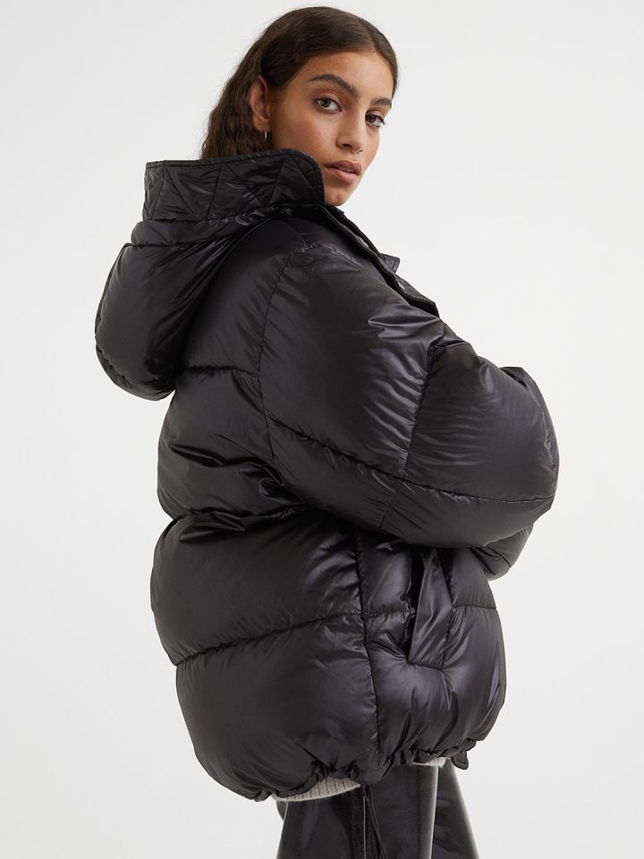 Oversized black puffer new arrivals jacket with hood