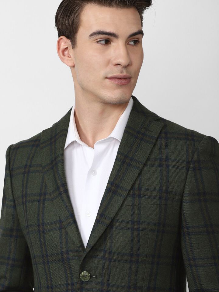 Peter England Elite Men Olive Green Checked Slim Fit Single Breasted Formal Blazers