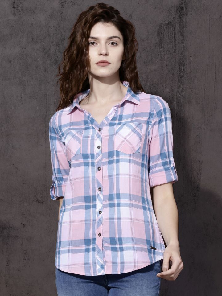 Roadster Women Pink Blue Regular Fit Checked Casual Shirt