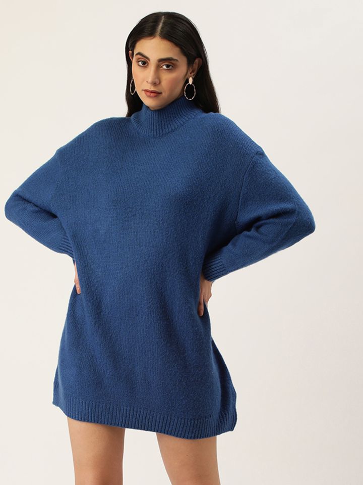 FOREVER 21 Women Blue Solid High neck Long Sleeves Jumper Dress