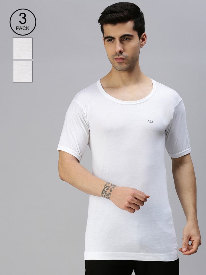 Lux Cozi Men's White Round Neck Sleeveless Cotton Vest (Pack of 3