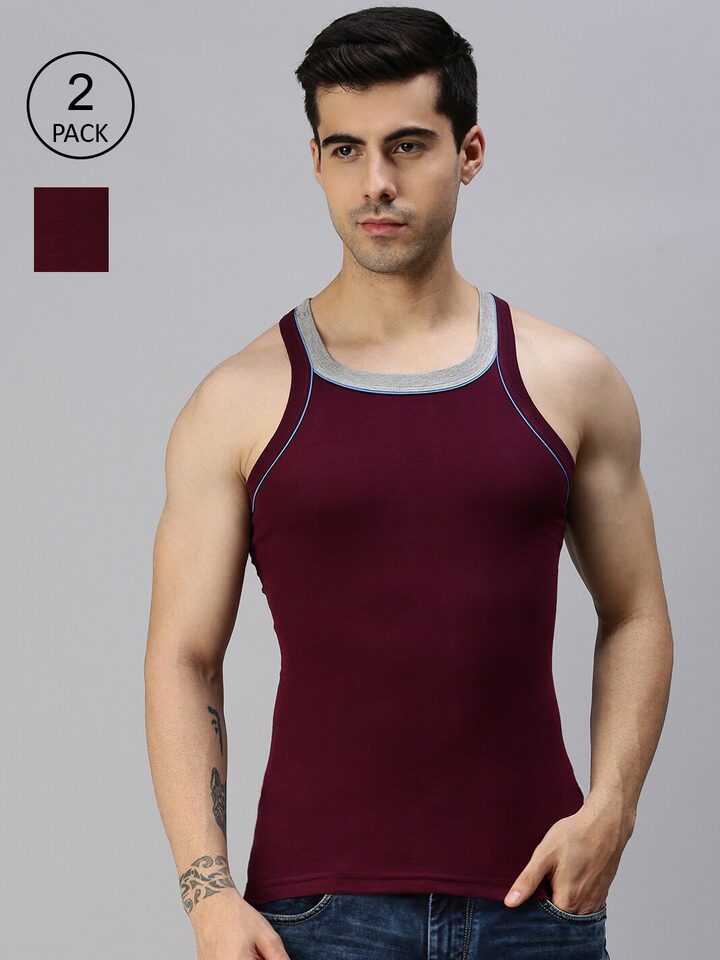 Buy Pack Of Two Lux Cozi Men Maroon Solid Cotton Innerwear Vests