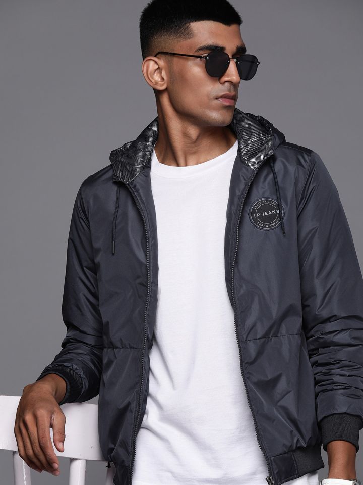 Louis Philippe Jeans Men Navy Blue Hooded Bomber Jacket