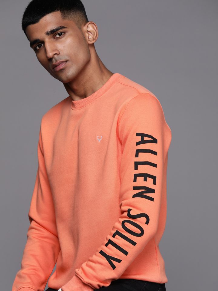 Allen Solly Men Peach Coloured Solid Sweatshirt With Brand Logo Print Detail