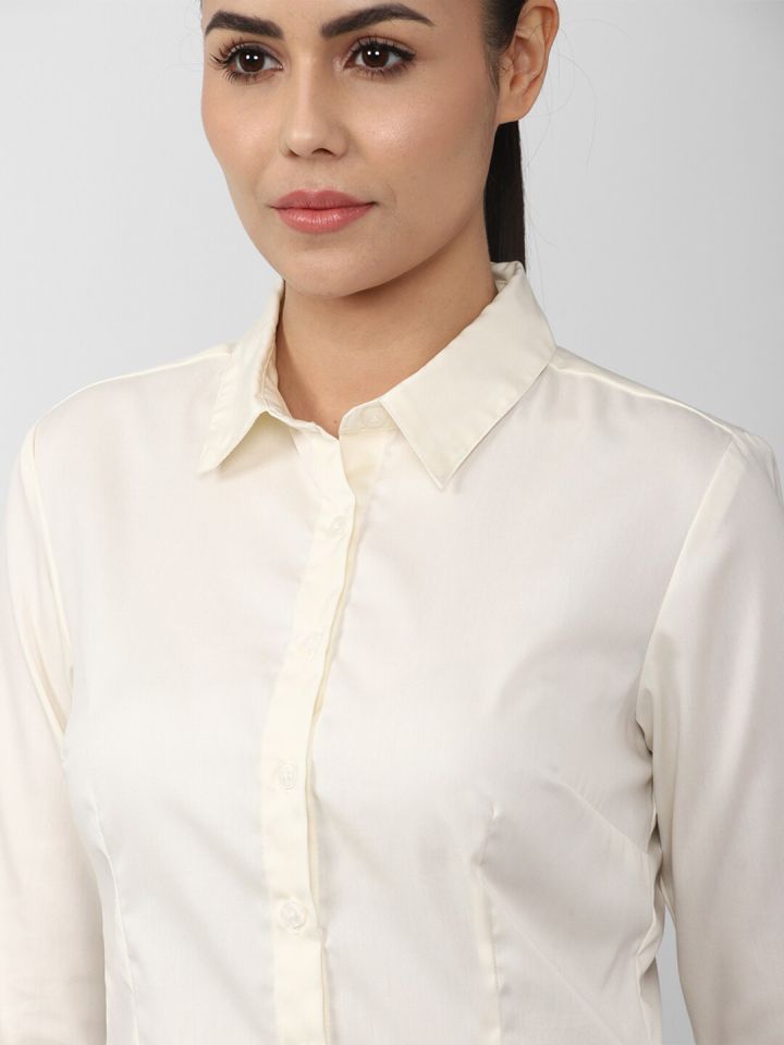 Women White Solid Pure Cotton Slim Fit Formal Shirt