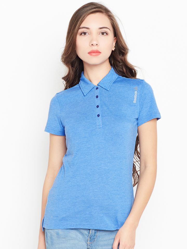 Reebok Women Blue WS Core Solid Polo Collar Training T shirt