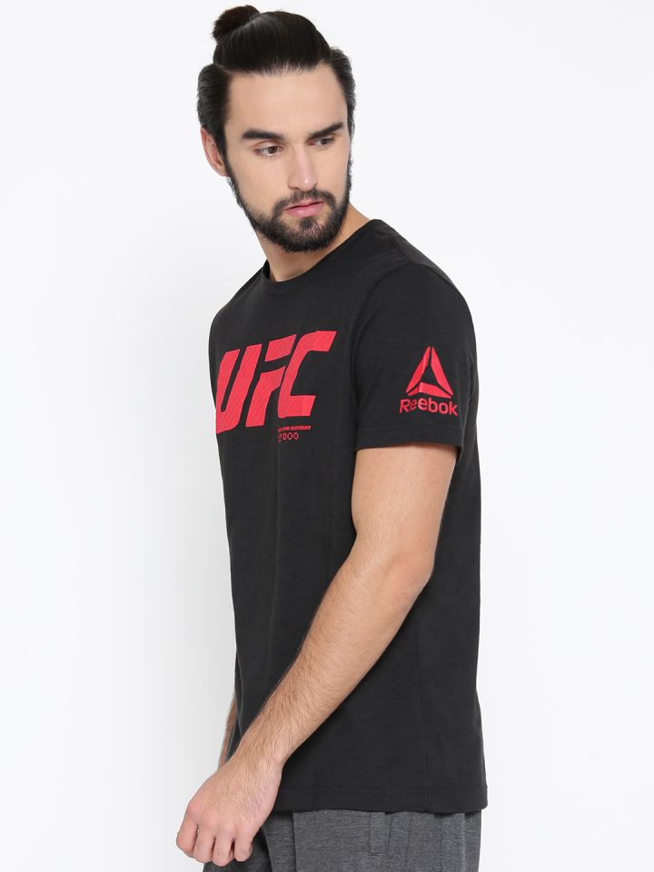 Reebok Men Black UFC FG Logo SS Printed Round Neck Pure Cotton T shirt