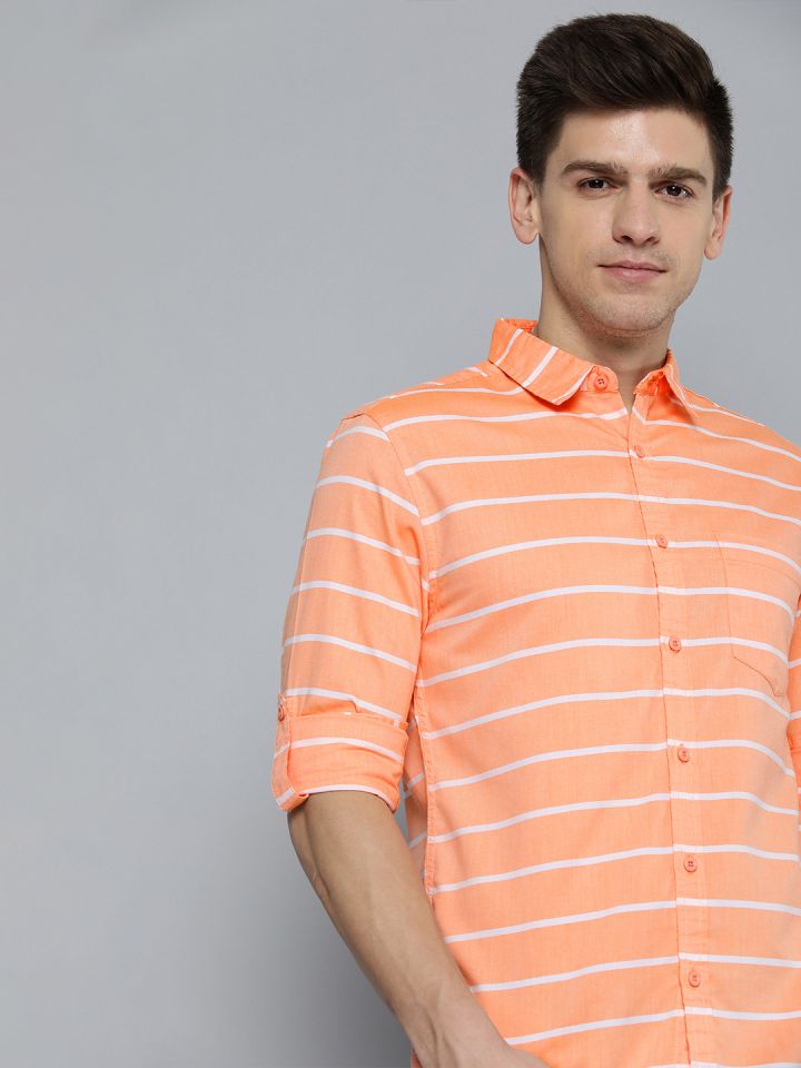 HERE NOW Men Orange And White Slim Fit Horizontal Stripes Casual Shirt