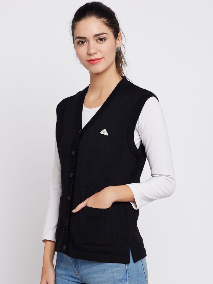 Buy Monte Carlo Women Black Woollen Solid Sleeveless Cardigan