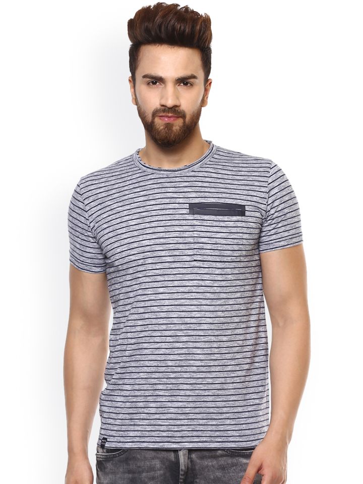 Mufti Men Grey Melange Navy Striped Round Neck T shirt