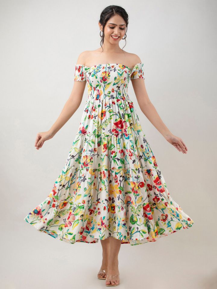Aawari Women White Red Floral Off Shoulder Maxi Dress