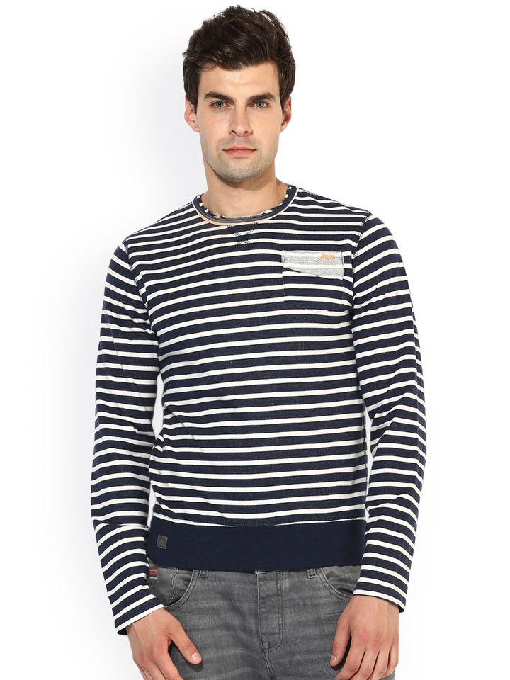 navy and white striped sweatshirt