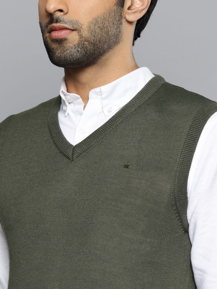 Buy Louis Philippe Men Olive Green Solid Sweater Vest Sweaters