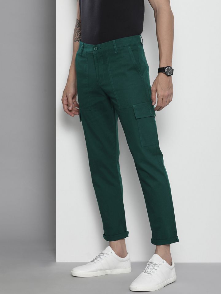 Buy The Indian Garage Co Men Green Slim Fit Cotton Cargos Trousers