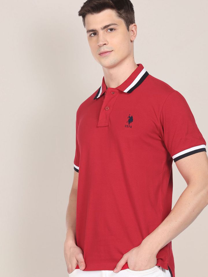 Buy U S Polo Assn Men Red Pure Cotton Heritage Tipped Polo Collar