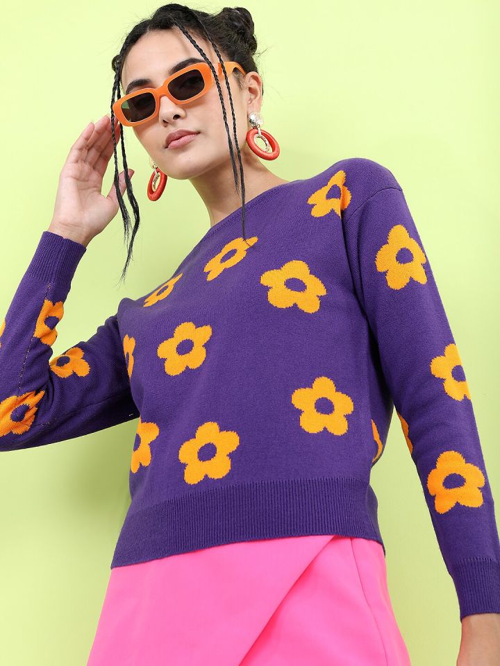 Tokyo Talkies Women Purple Yellow Floral Jacquard Pullover Sweater