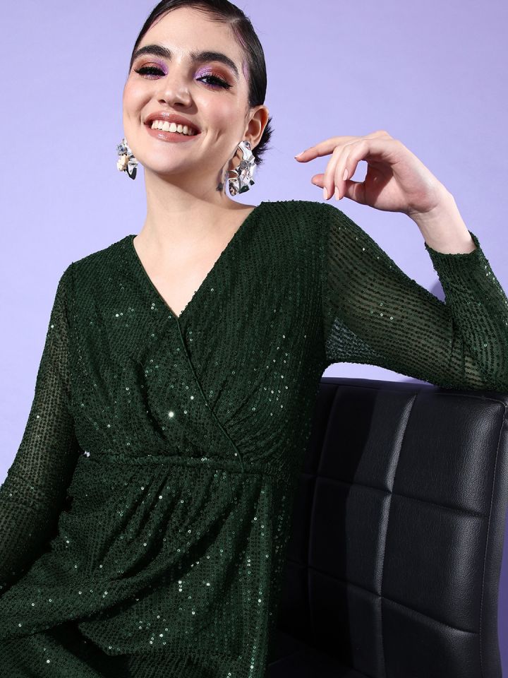 Buy Style Quotient Women Green Sequined Wrap Dress Dresses for