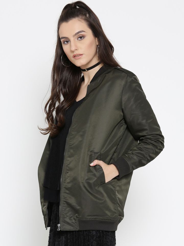 FOREVER 21 Women Olive Green Solid Bomber Jacket
