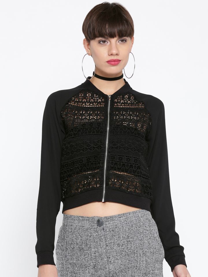 Buy FOREVER 21 Women Black Lace Crop Bomber Jacket Jackets for
