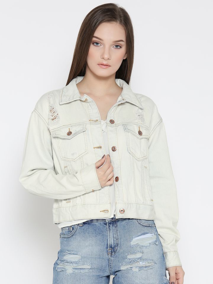 Buy FOREVER 21 Women Off White Solid Denim Jacket Jackets