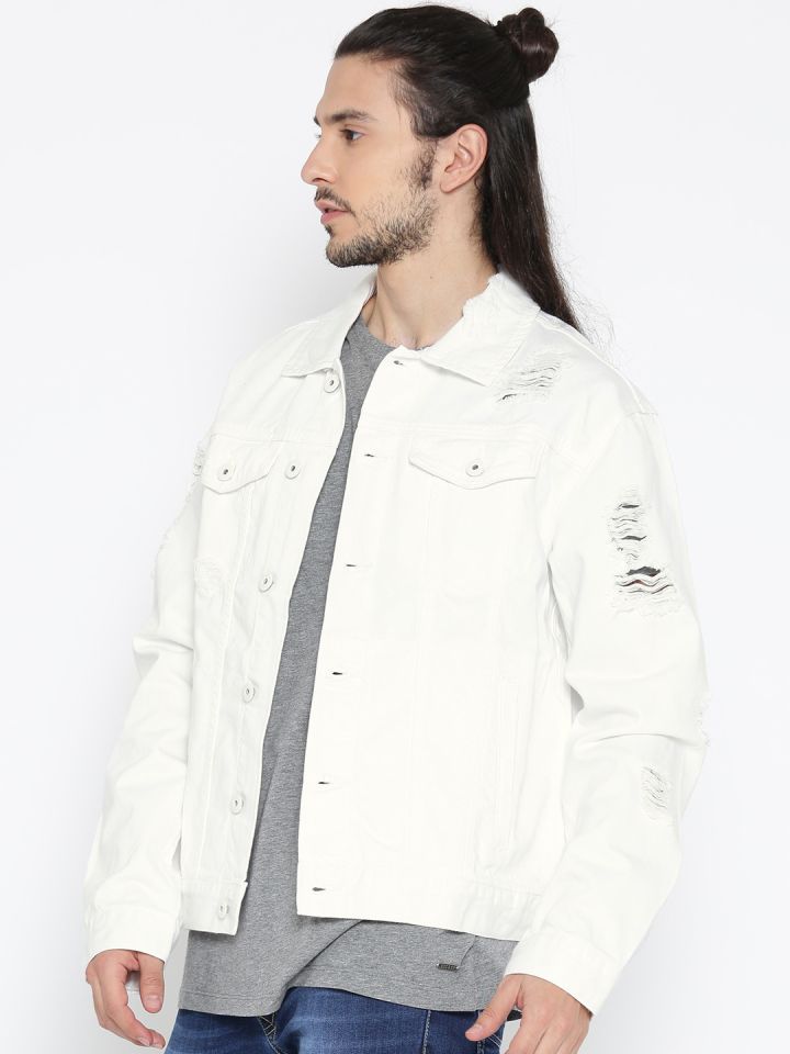 FOREVER 21 Men White Distressed Denim Jacket