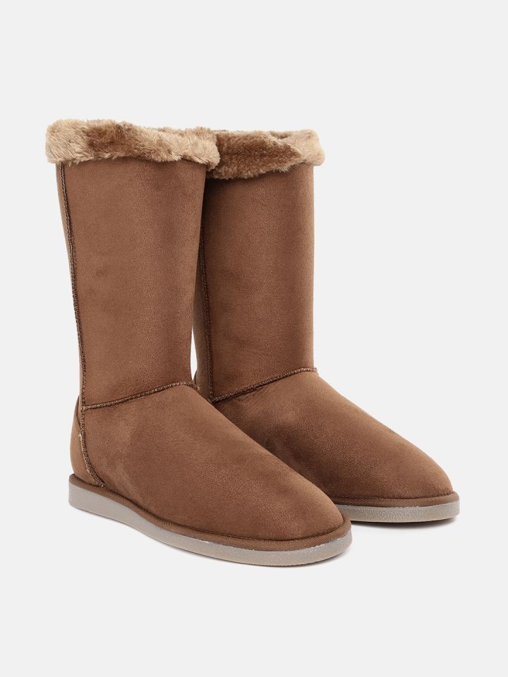 Carlton London Women Tan High Top Flat Winter Boots with Faux Fur Trim Detail