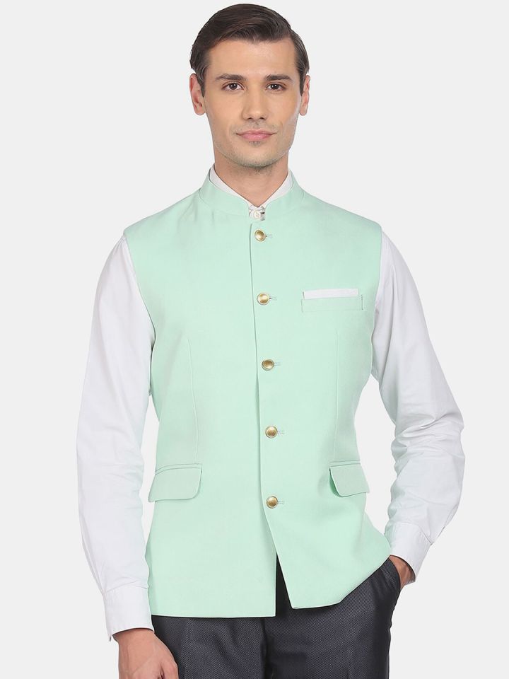 Buy AD By Arvind Men Green Textured Tailored Regular Fit Nehru