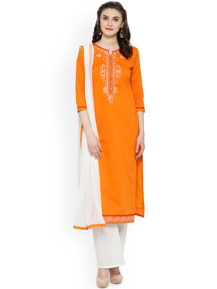 Kvsfab Orange White Cotton Blend Unstitched Dress Material