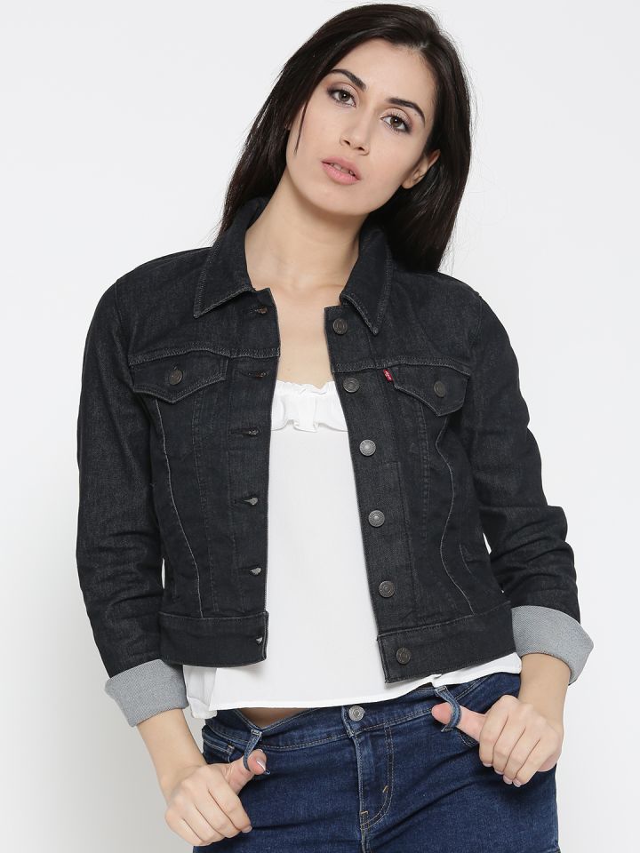 Buy Levis Women Black Solid Denim Jacket - Jackets for Women 2061621 |  Myntra